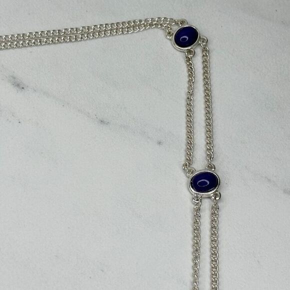 Chico's Blue Cabochon Double Strand Long Silver Tone Chain Link Station Necklace - Picture 4 of 16